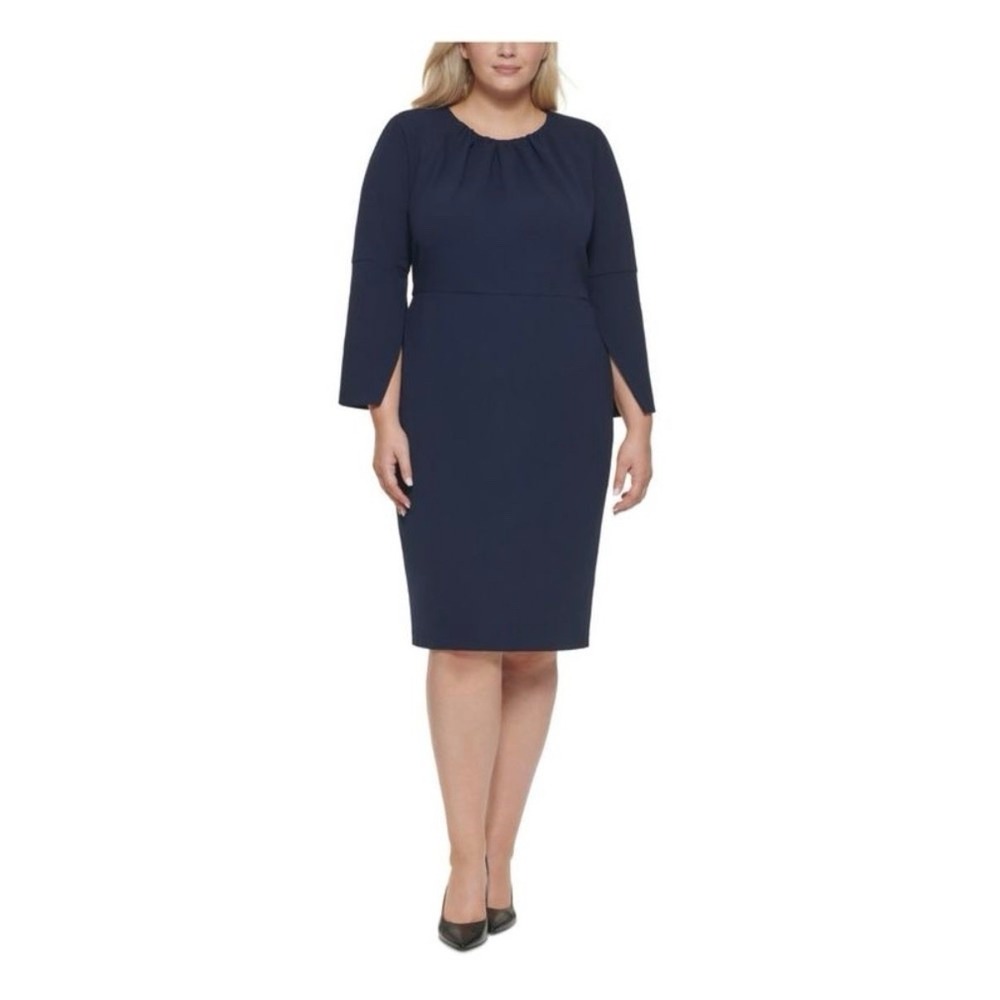 Calvin Klein‎ Navy Blue Long Split Sleeve Stretch Crepe Sheath Dress Size 14
